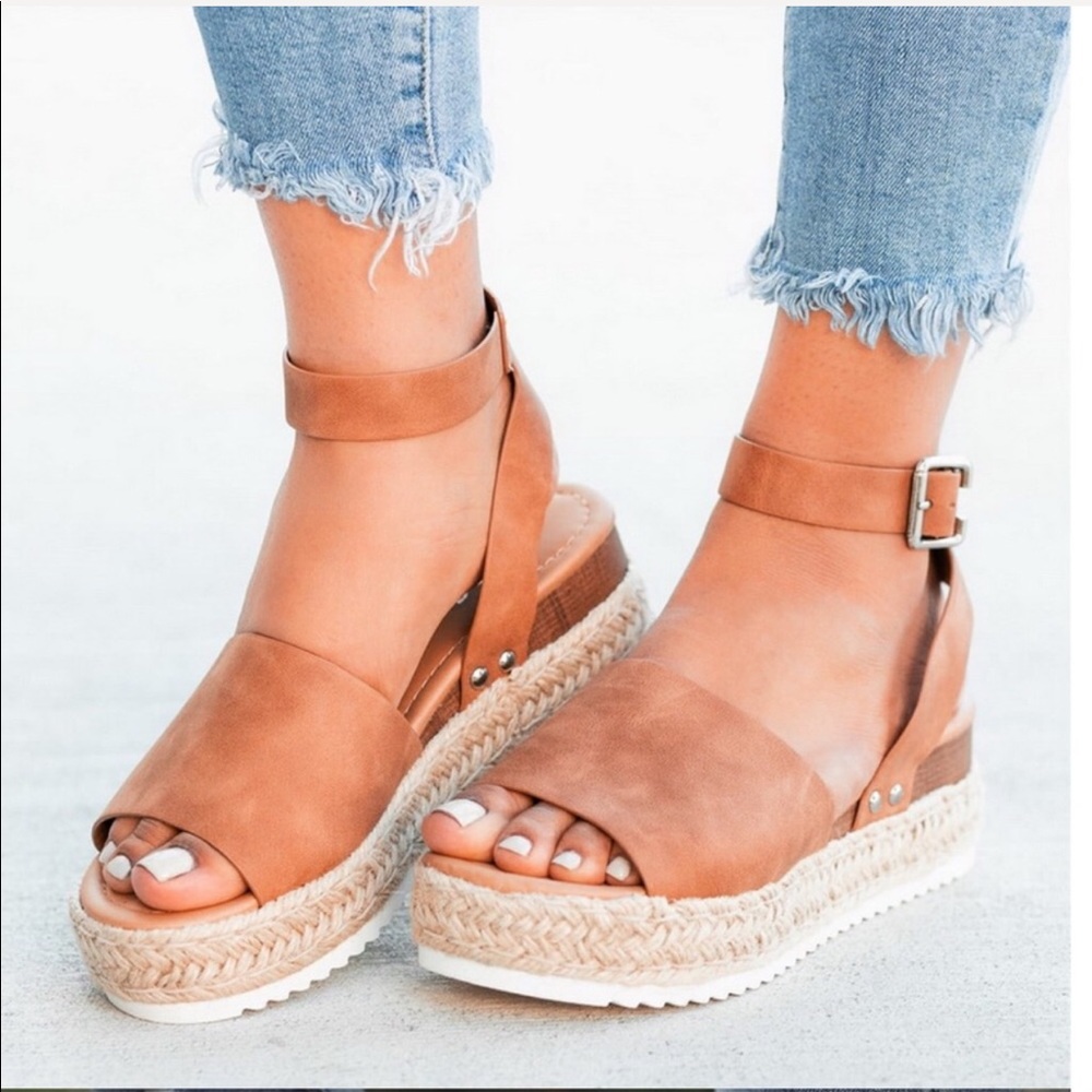 Tan Flatform Platform Espadrille Sandals - Picture 3 of 5